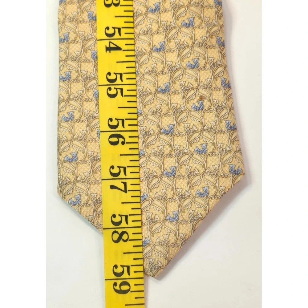 Old River Silk Tie Medieval Floral Pale Lemon Blue Made‎ France 60.2